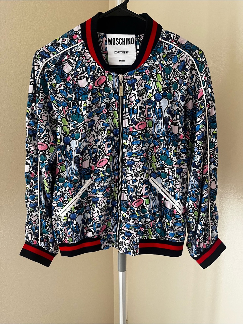 Moschino Couture Jeremy Scott Multicolor Dinnerware Print Jacket Size 38